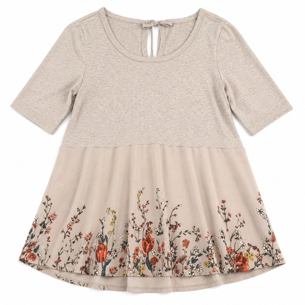 Moth Anthropologie Floral Mixed Media Peplum Top Grey Knit Short Sleeve Medium